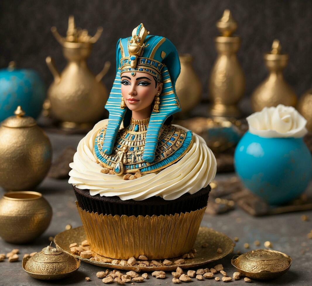 ai généré une petit gâteau avec le image de le égyptien reine sur le Haut photo