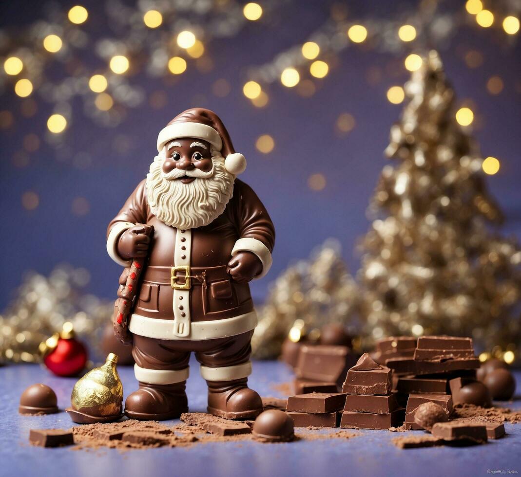 ai généré Noël composition avec Père Noël noël, Chocolat et décorations sur une bleu Contexte. photo