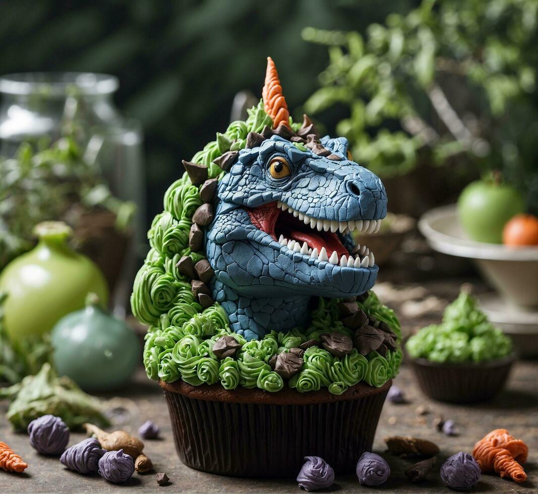 ai généré petit gâteau décoré avec fantaisie dragon. Halloween concept. sélectif concentrer photo