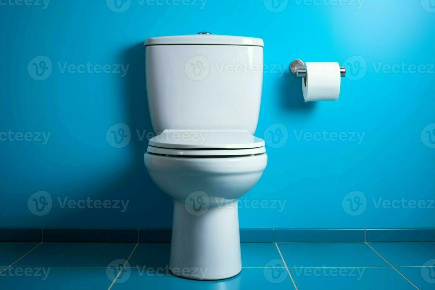 ai généré nettoyer et Facile une blanc céramique toilette des stands contre une toile de fond de calmant bleu photo