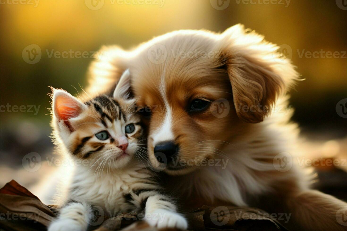 ai généré harmonie dans fourrure une minou et chiot créer une réconfortant scène ensemble photo