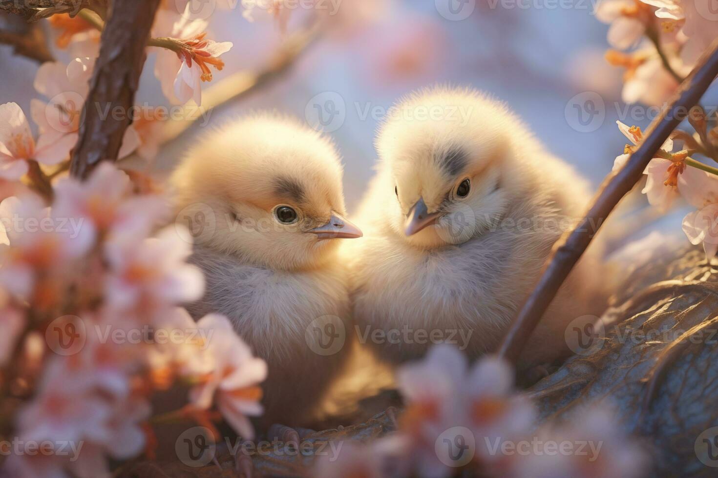 ai généré deux petit duveteux blanc poussins sur une arbre branche avec rose fleurs. printemps et sauvage la nature. copie espace photo