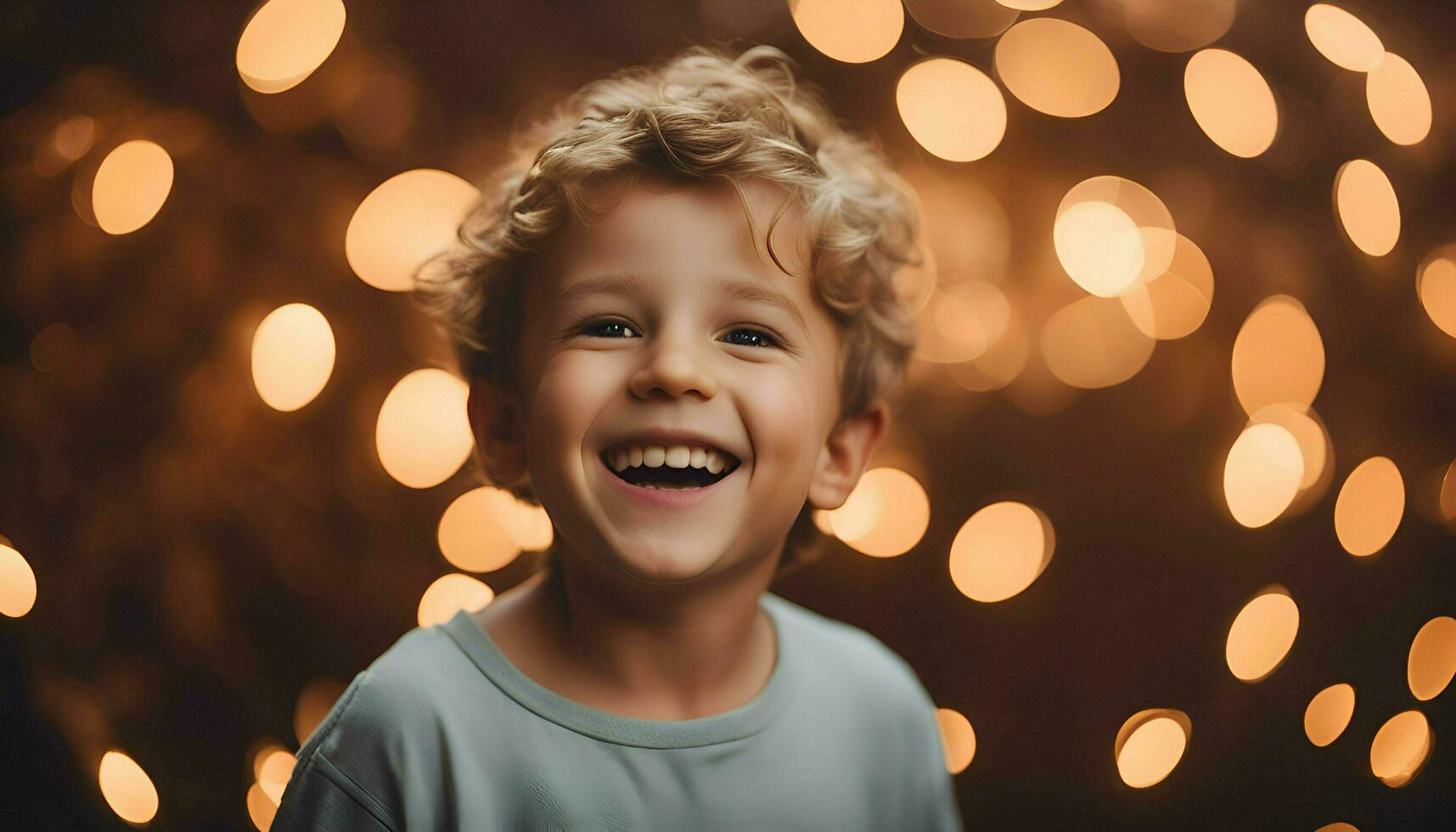 ai généré portrait de une souriant peu garçon sur le Contexte de Noël lumières photo