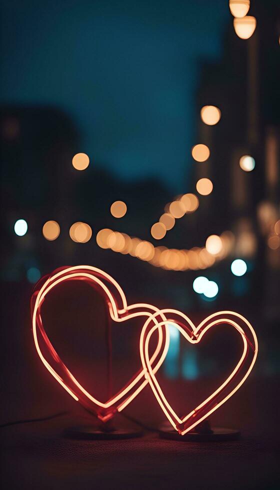 ai généré valentines journée Contexte avec deux rouge cœurs dans bokeh photo
