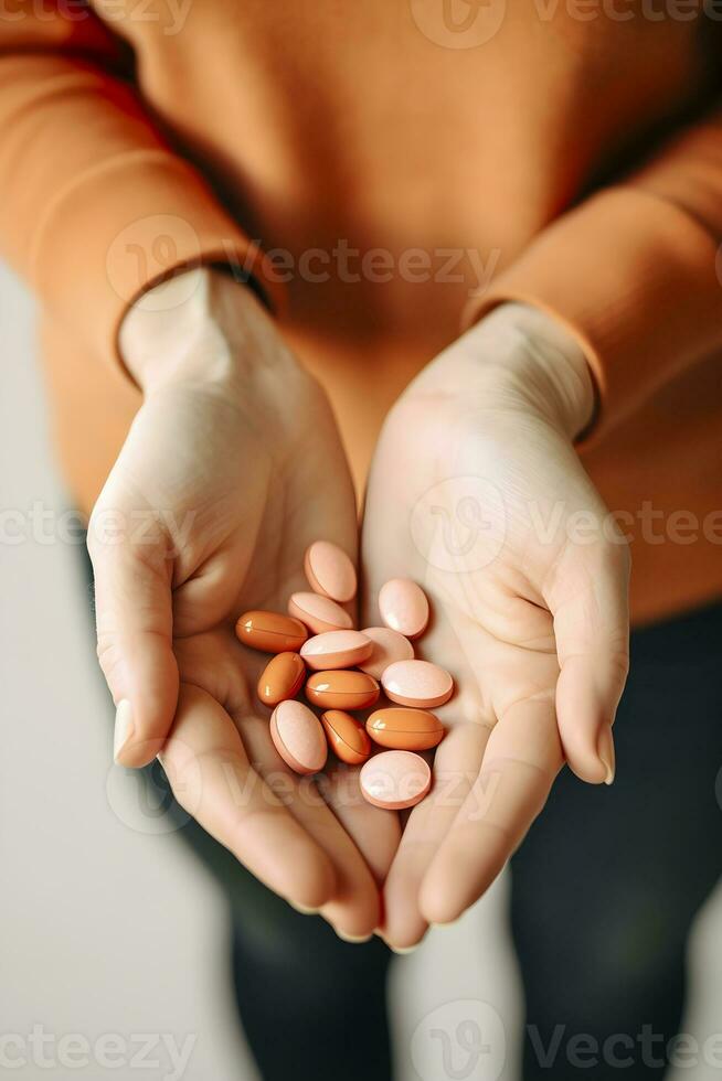 ai généré antidépresseur pilules dans le mains de une femme. ai généré photo