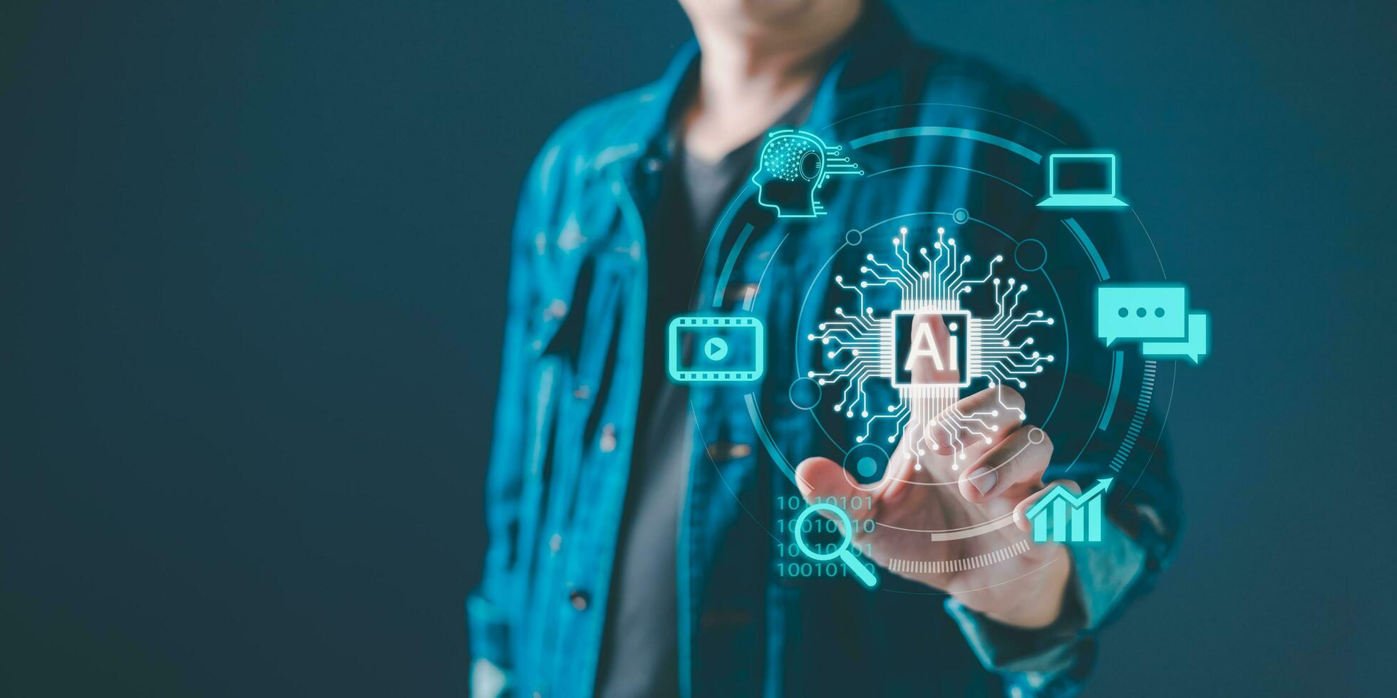 artificiel intelligence ai technologie. homme toucher ai puce.nouveau La technologie gros Les données et affaires processus stratégie, mettre en place espace de rangement La technologie soutien dans business.digital transformation changement la gestion photo