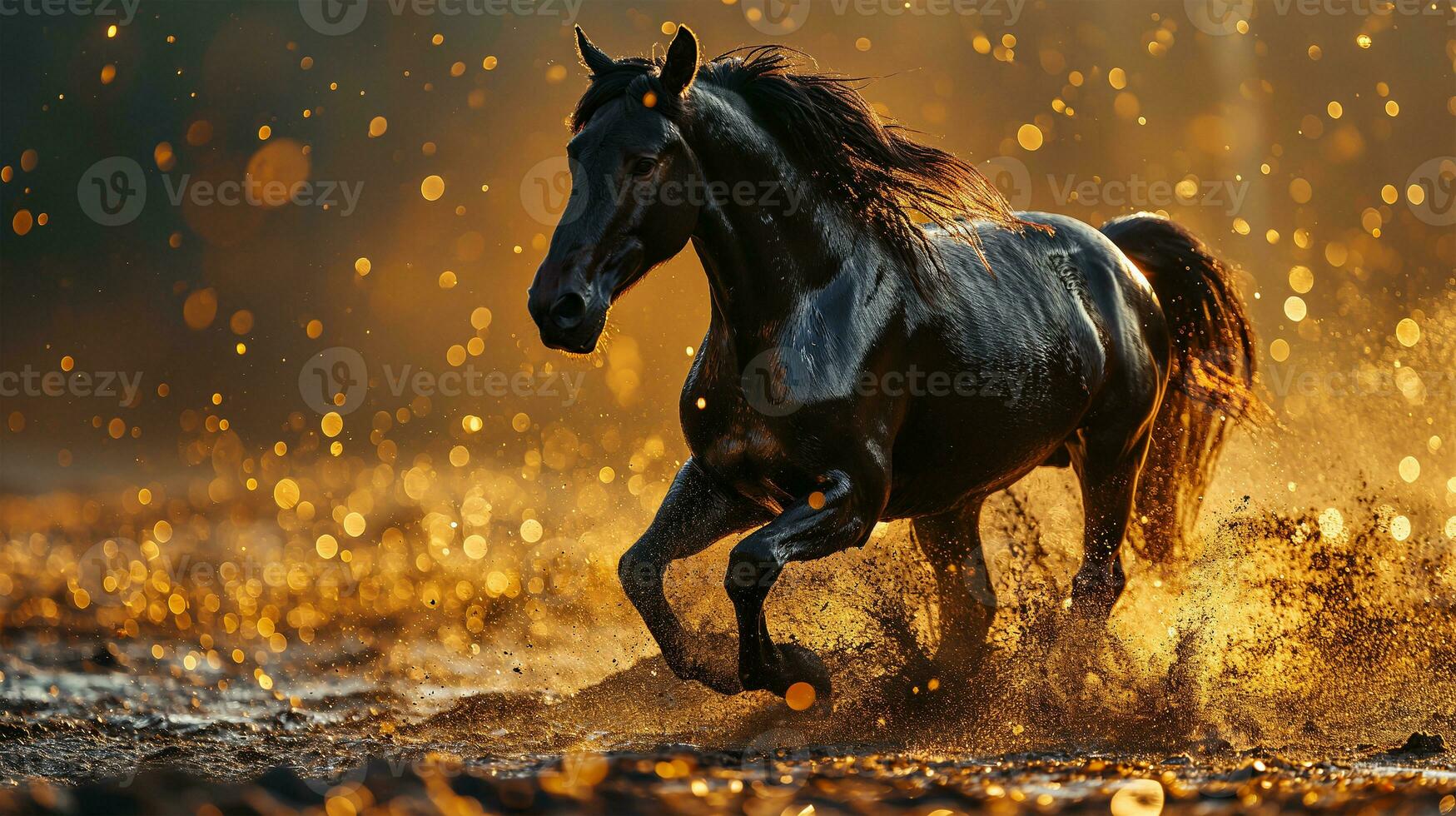 ai généré Trois noir les chevaux courir galop dans poussière sur une ensoleillé journée. photo