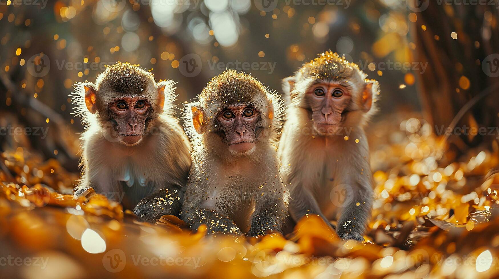 ai généré singe famille séance sur le sol dans le forêt et à la recherche à caméra photo