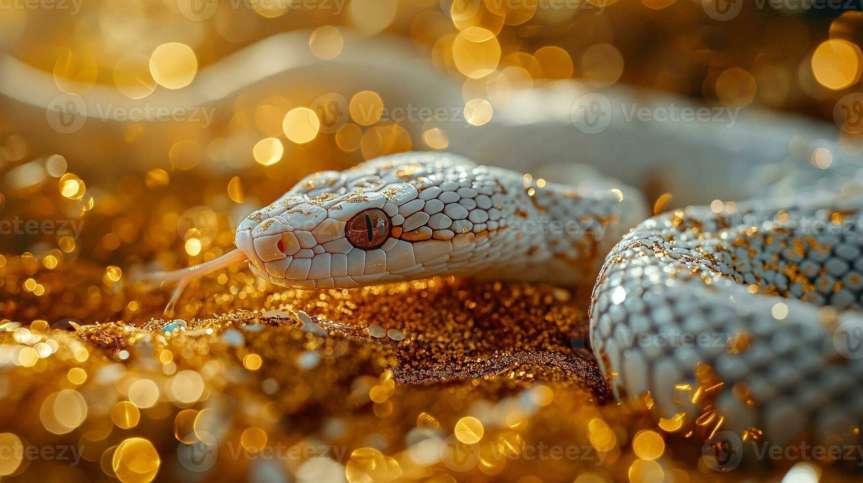 ai généré proche en haut de une serpent sur d'or bokeh Contexte avec copie espace photo
