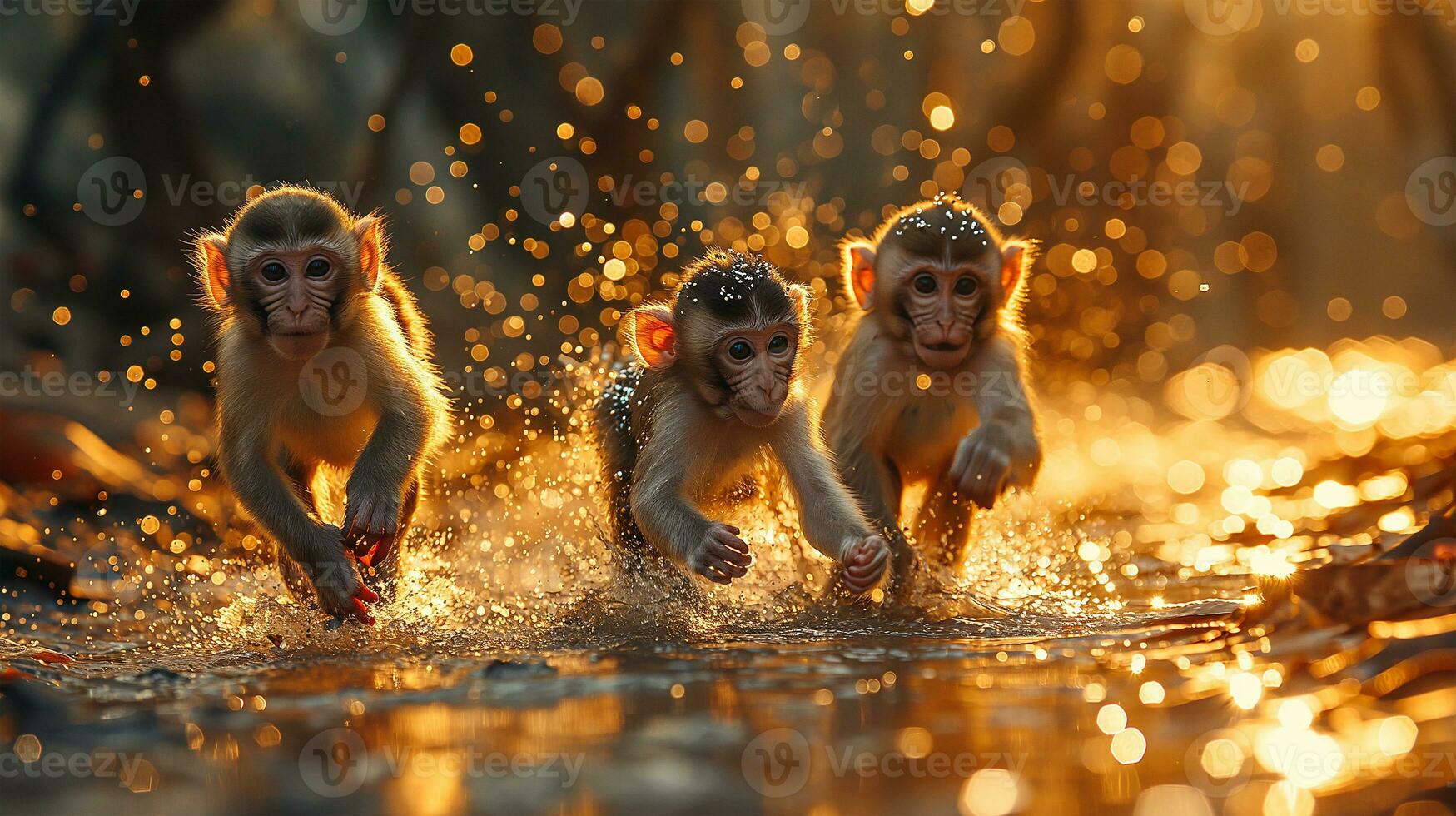 ai généré singe famille séance sur le sol dans le forêt et à la recherche à caméra photo