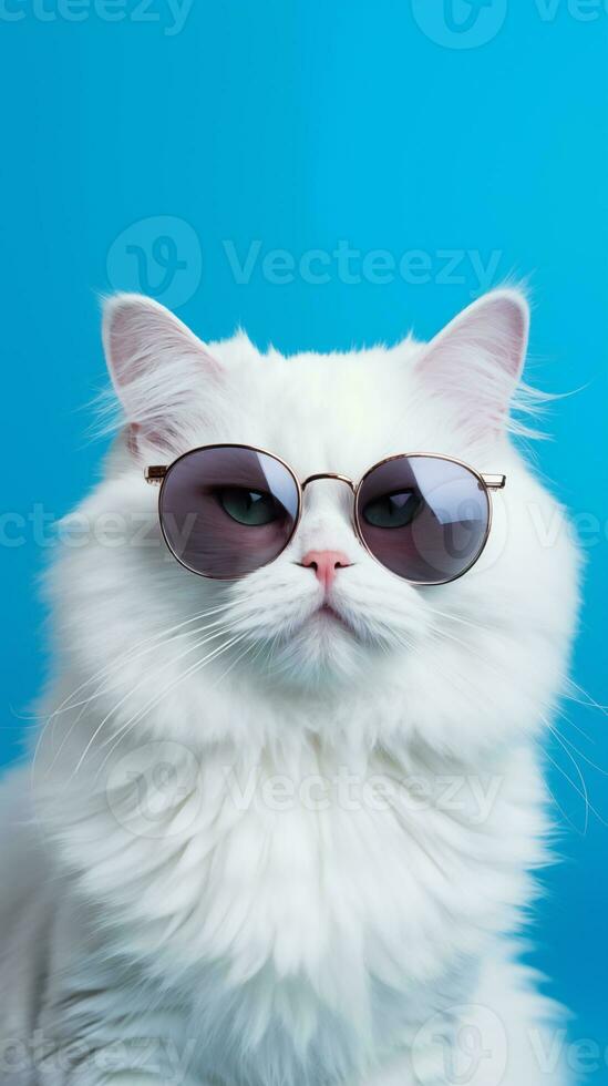 portrait cool chat concept conception, blanc chat portant yeux des lunettes isolé sur arrière-plan, bleu texture sur arrière-plan, ios Contexte style, photo