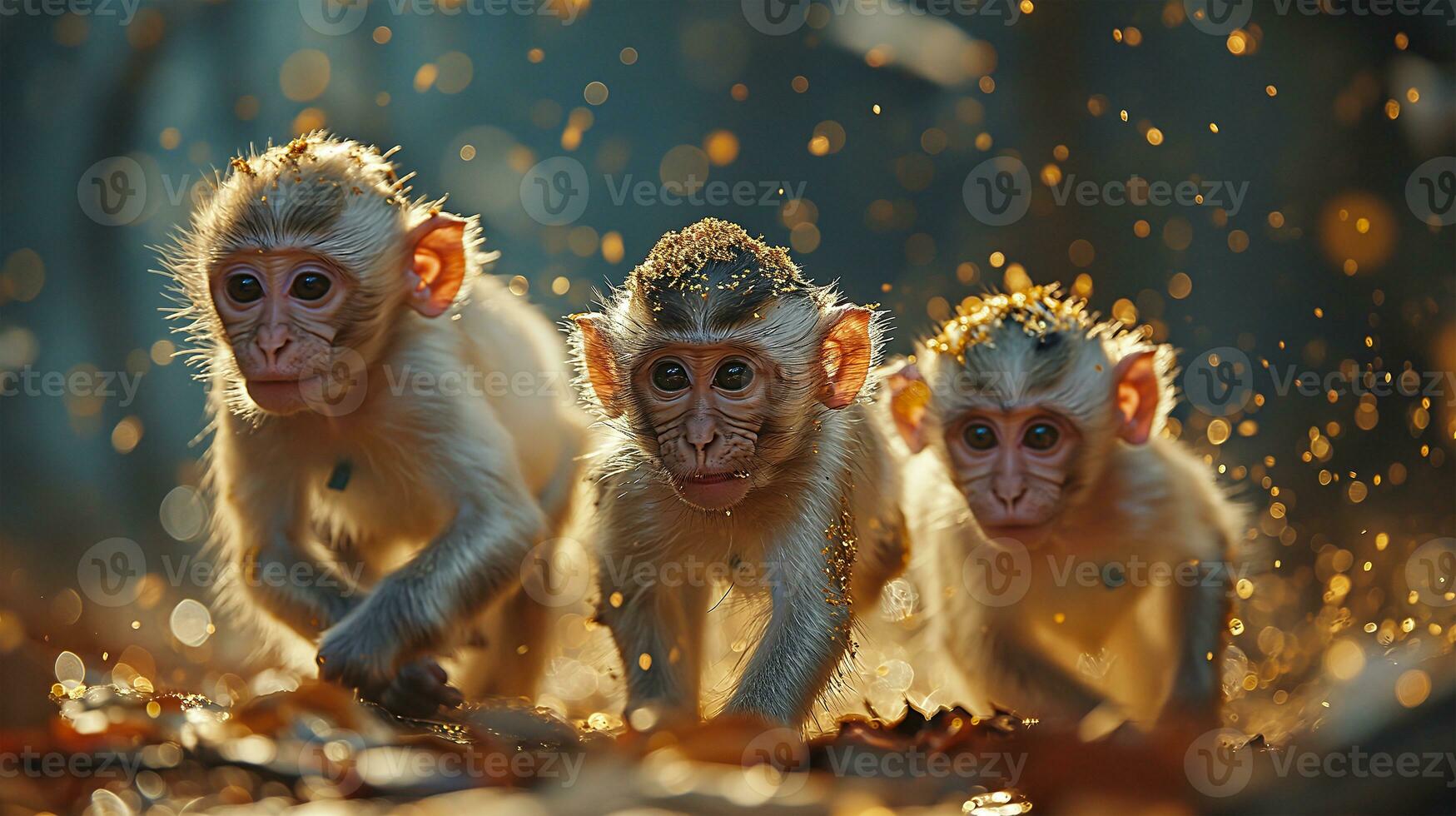 ai généré singe famille séance sur le sol dans le forêt et à la recherche à caméra photo