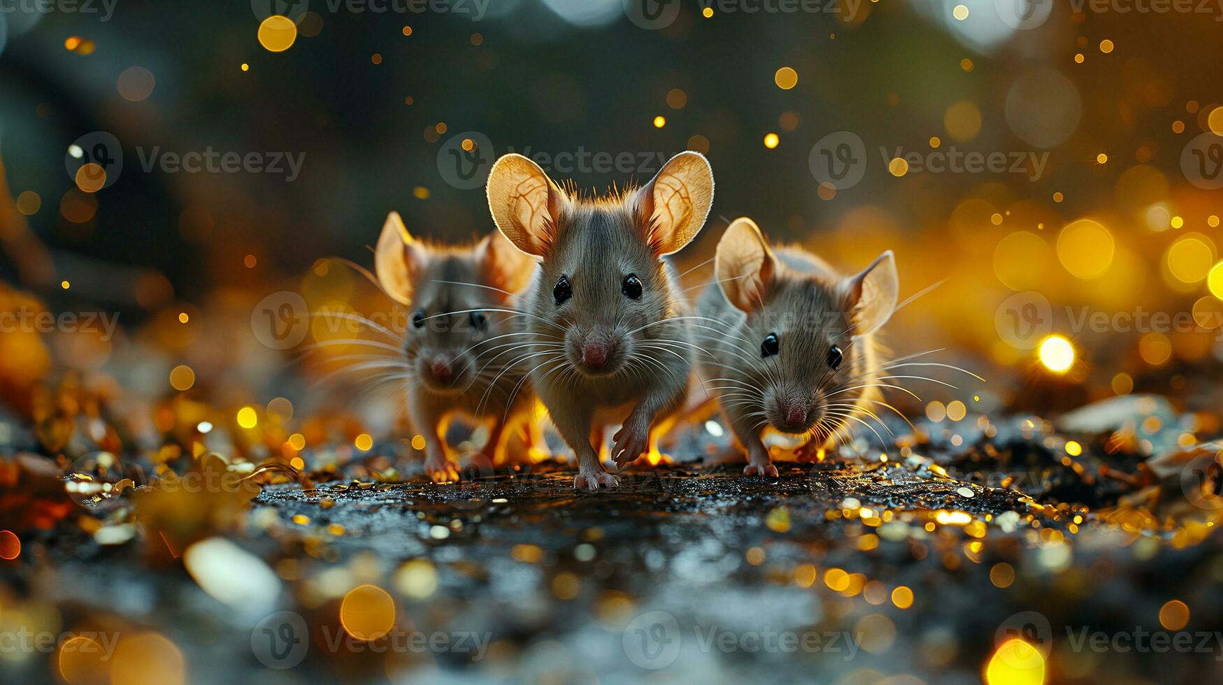 ai généré Trois peu marron Souris avec d'or bokeh Contexte. Noël et Nouveau année concept. photo