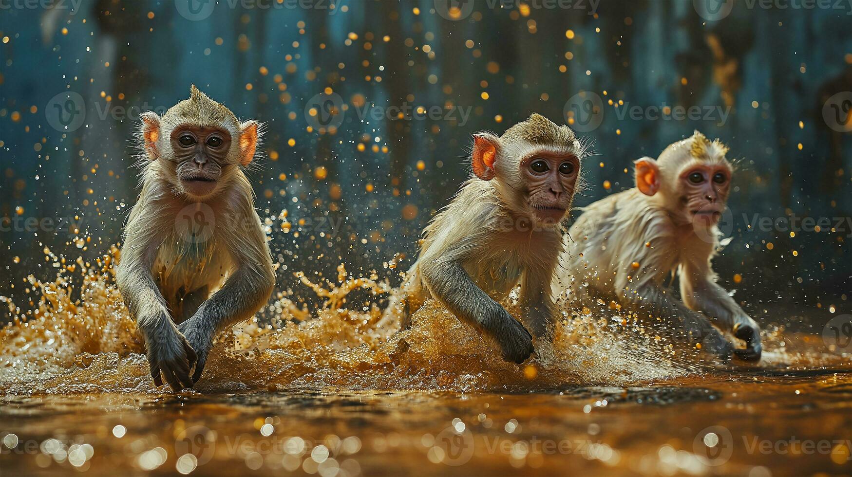 ai généré singe famille séance sur le sol dans le forêt et à la recherche à caméra photo