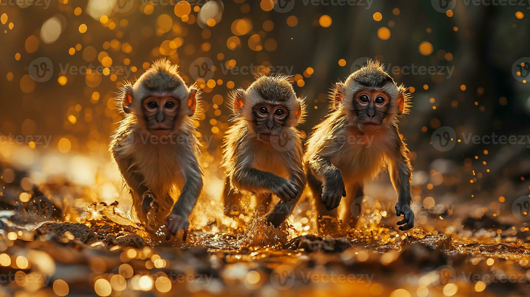 ai généré singe famille séance sur le sol dans le forêt et à la recherche à caméra photo