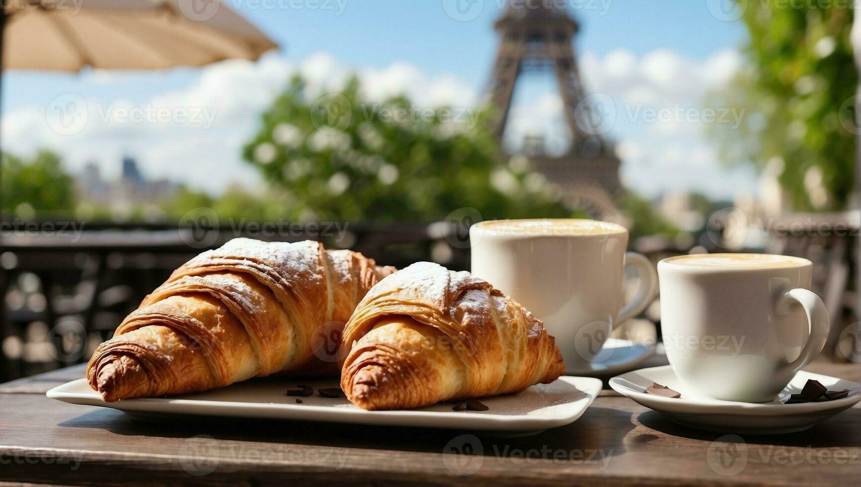 ai généré délicieux croustillant français des croissants avec cappuccino dans le français café à l'extérieur vue sur Eiffel la tour photo