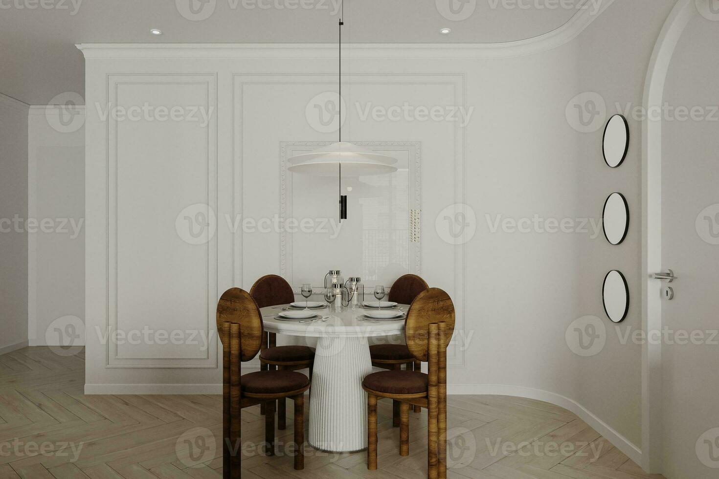 le rendu de une minimaliste à manger chambre. élégant en bois chaises avec blanc à manger tableau. photo