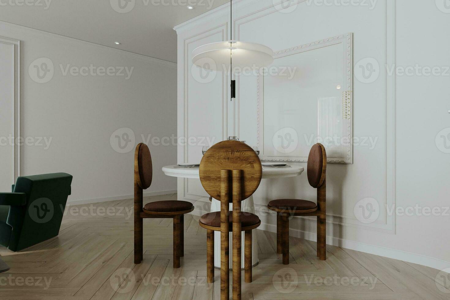 le rendu de le minimaliste à manger chambre. Facile et élégant à manger chaises, blanc mur peindre. photo