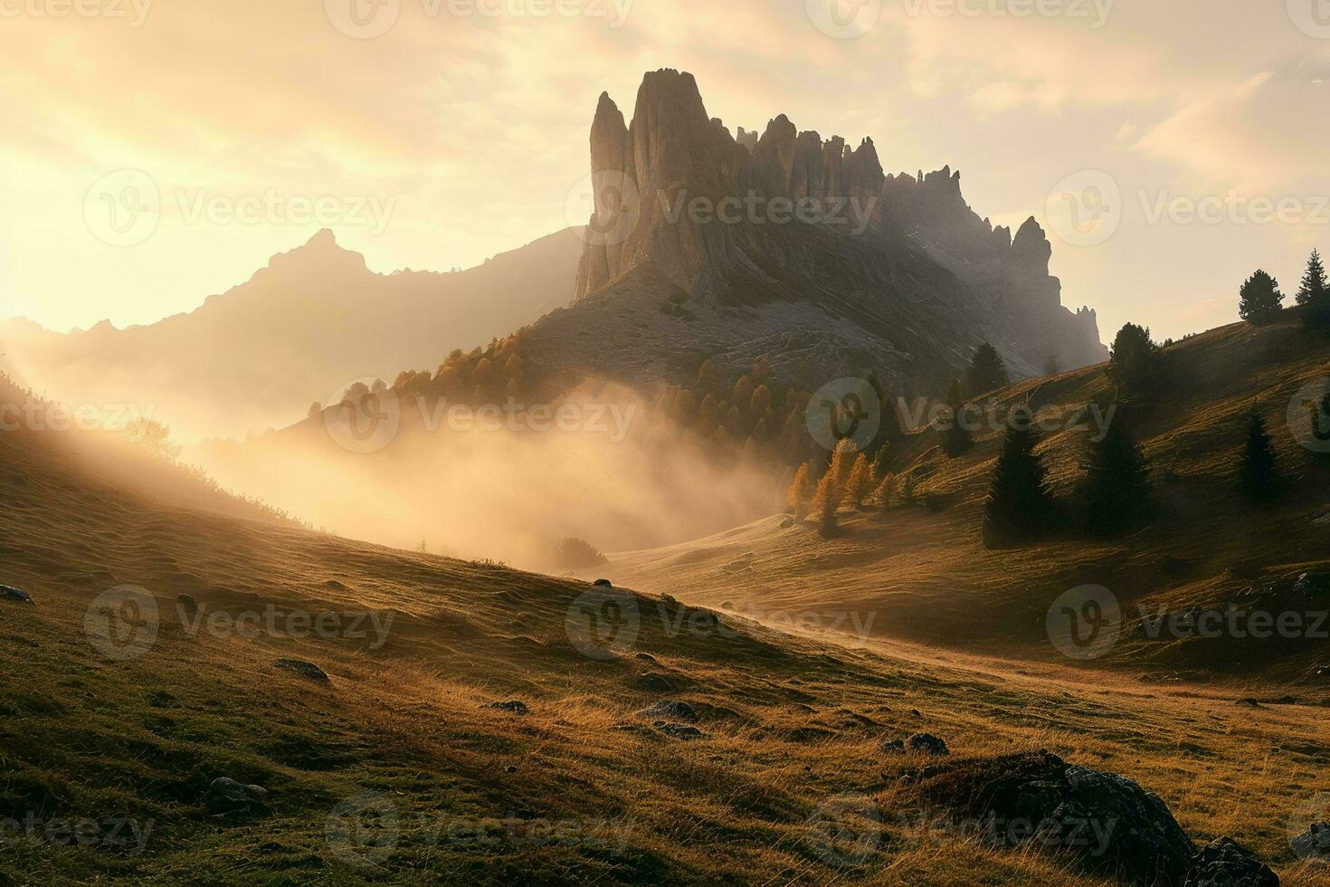 ai généré une étourdissant paysage scène pendant lever du soleil ou le coucher du soleil. une intervalle de déchiqueté Montagne pics est silhouette contre le ciel, baigné dans doux lumière. photo