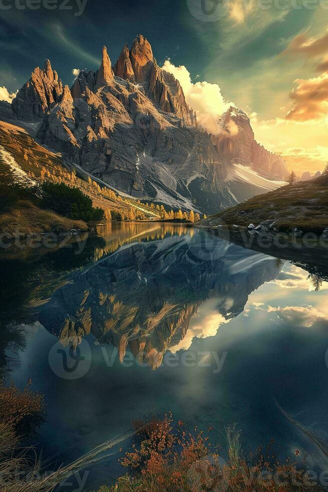 ai généré une majestueux Montagne avec neigeux pics, entouré par une luxuriant vert forêt en dessous de une serein bleu ciel avec duveteux blanc des nuages. photo