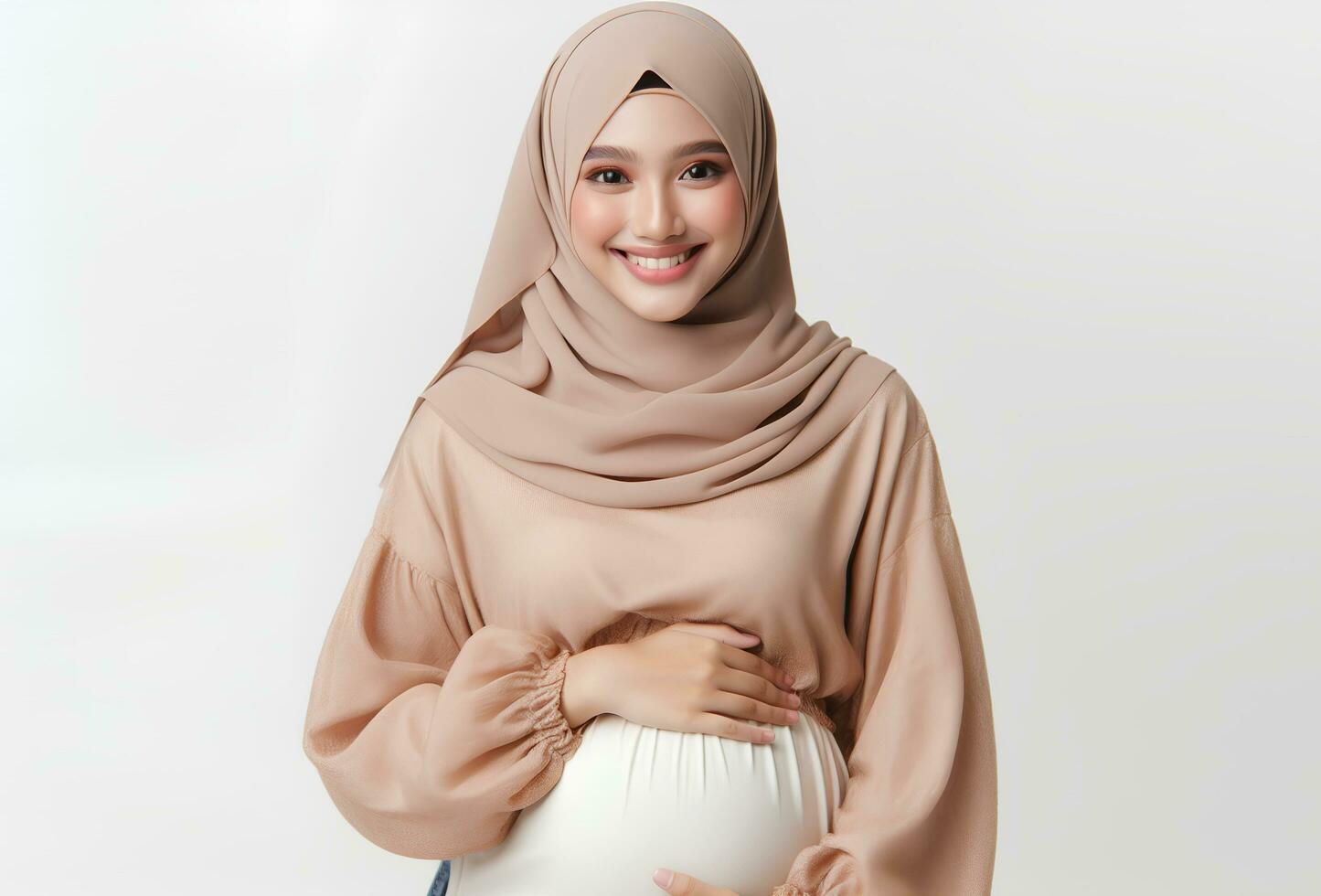 ai généré asiatique femme dans hijab avec pose en portant Enceinte ventre et souriant faciale expression isolé blanc Contexte photo