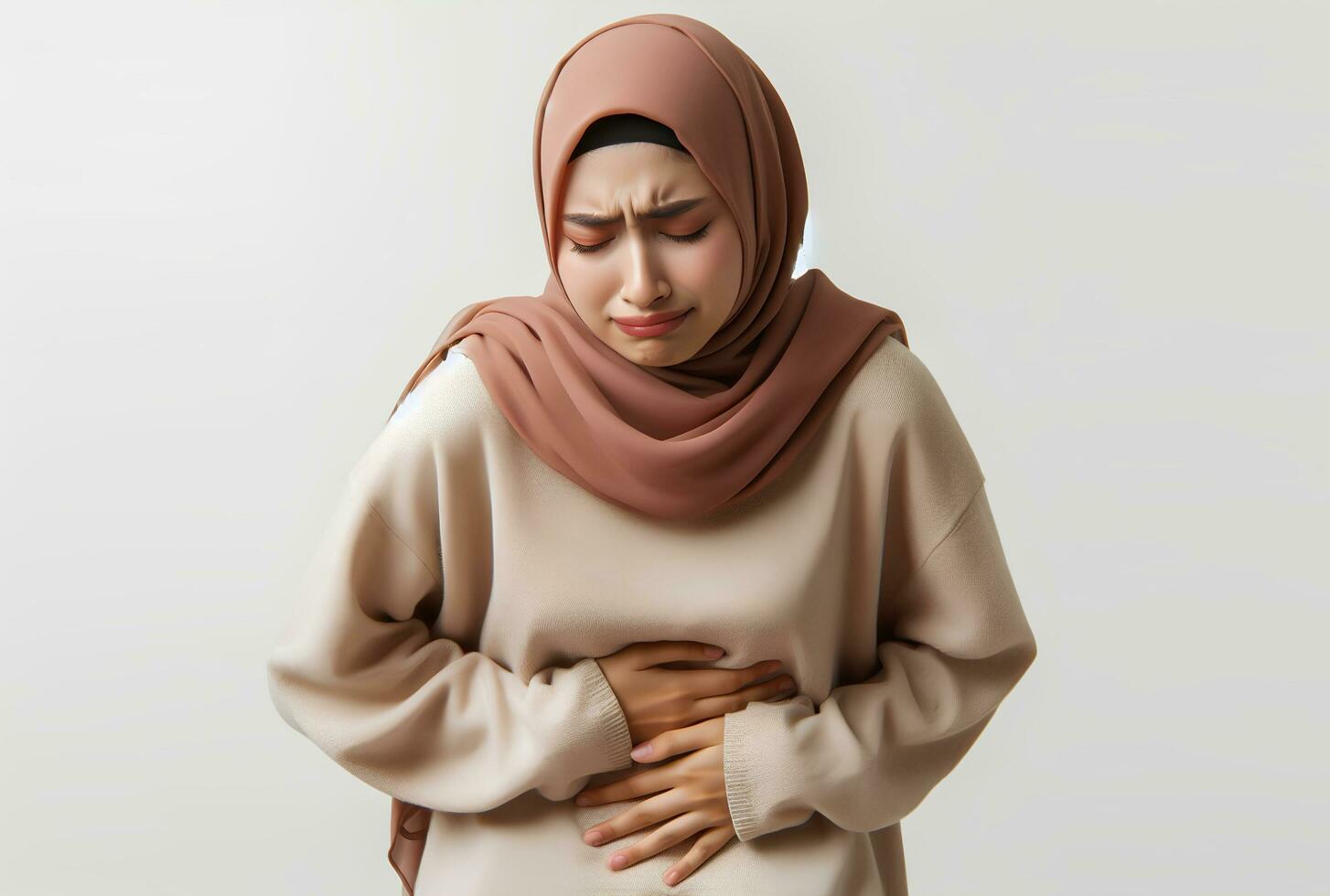 ai généré asiatique musulman femme dans hijab avec mains en portant estomac avec douleur faciale expression isolé blanc Contexte photo