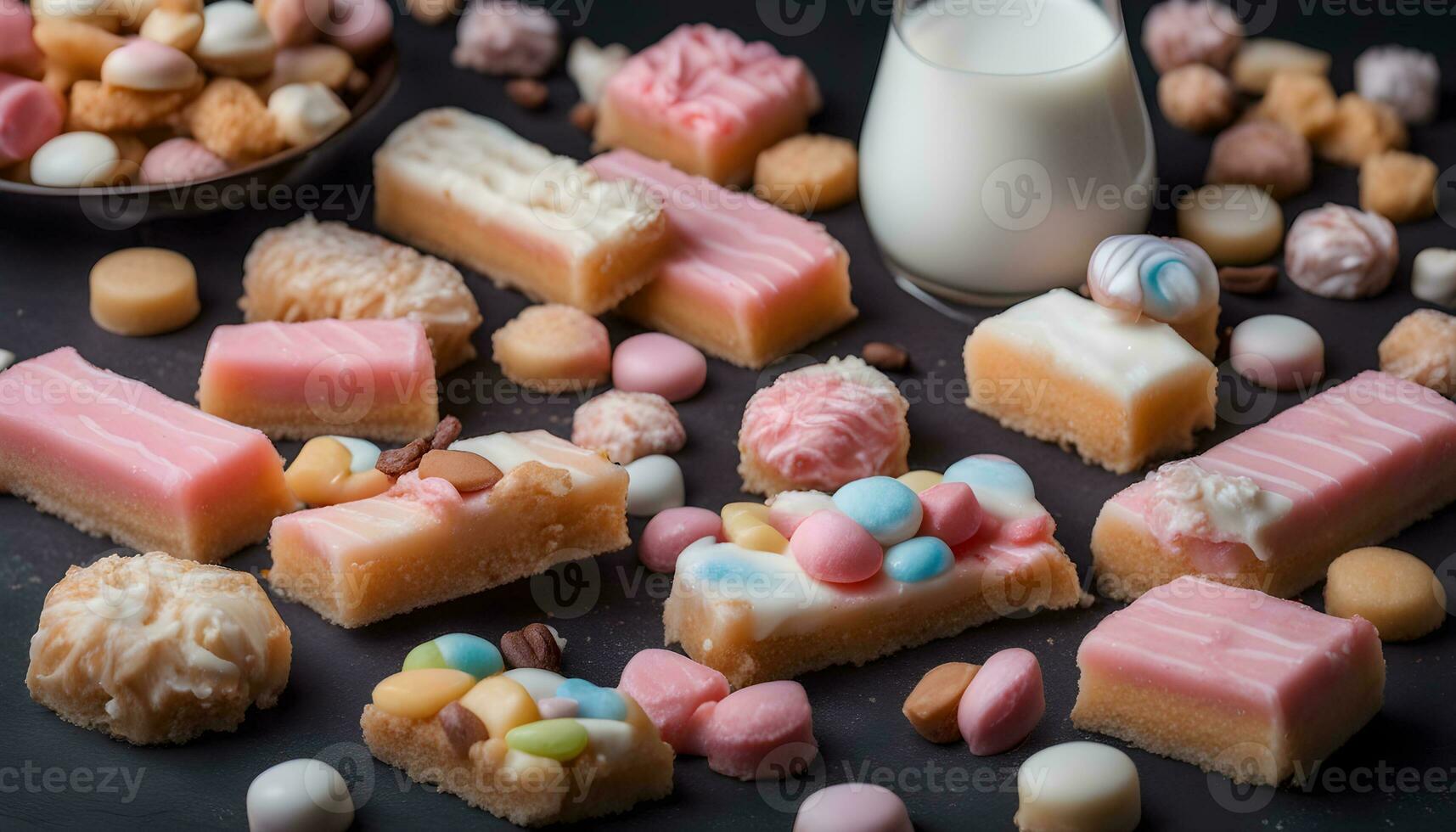 ai généré assorti bonbons et Lait sur une noir Contexte photo