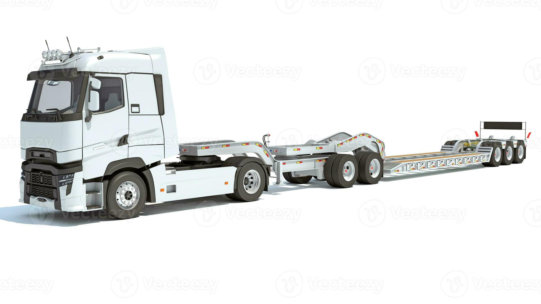 semi un camion avec lowboy Plate-forme bande annonce 3d le rendu sur blanc Contexte photo