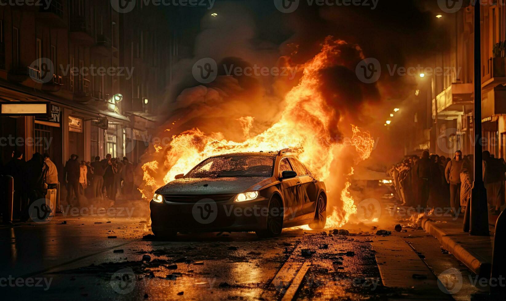 brûlant voiture émettant épais fumée sur une rue. ai génératif. photo