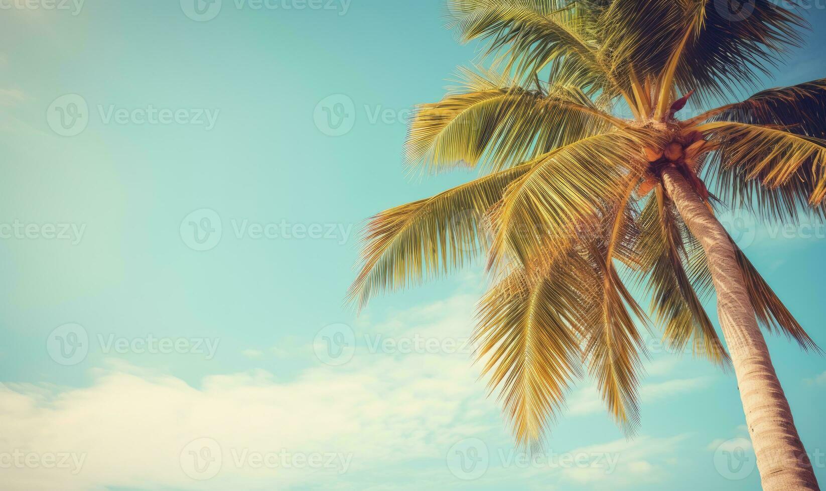 ai généré tropical paysage avec une important paume arbre en dessous de une vaste bleu étendue. ai génératif. photo