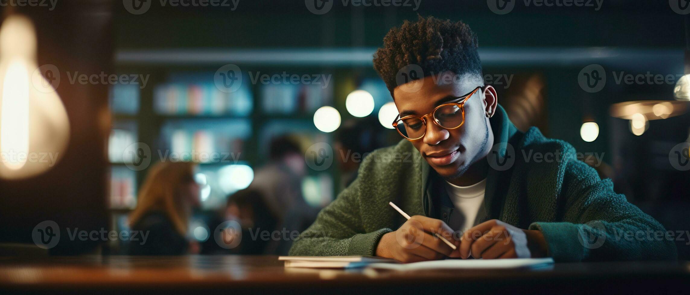 ai généré tranquille bibliothèque atmosphère, Jeune lecteurs absorbé dans livres. ai génératif. photo