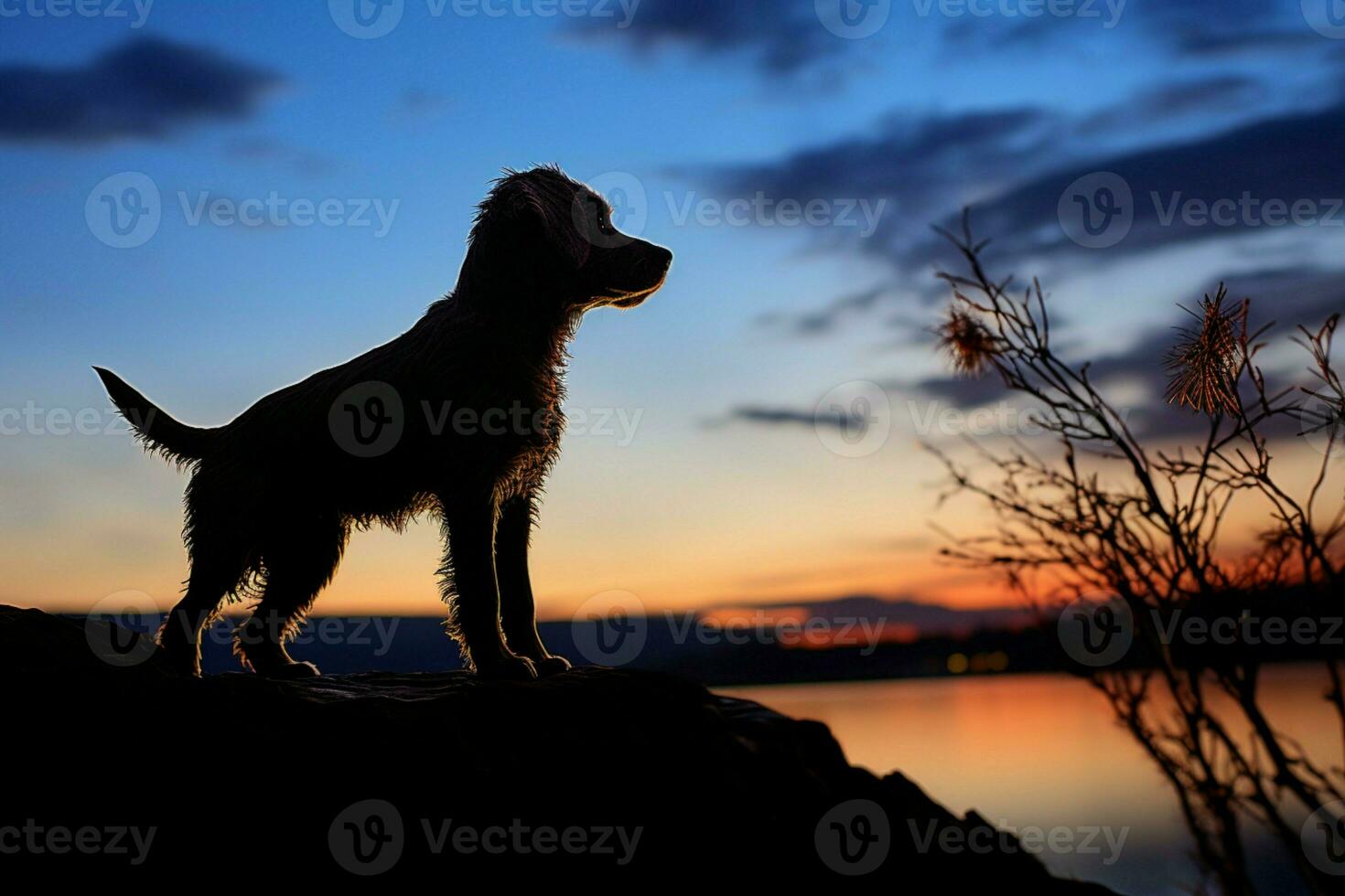 ai généré tranquille le coucher du soleil cadres le silhouette de une fidèle canin un compagnon photo