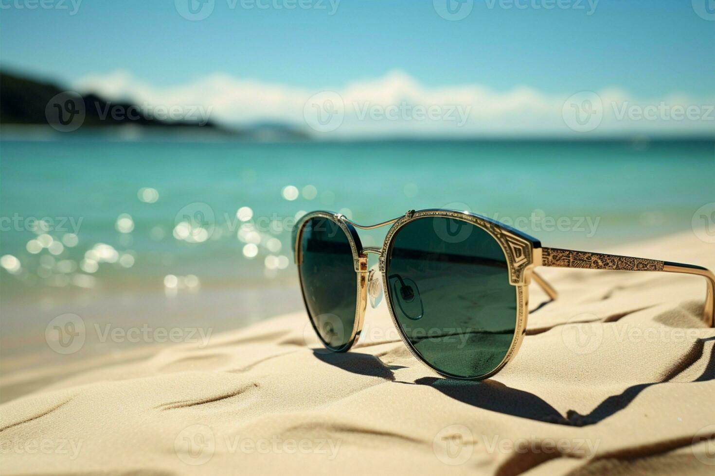 ai généré plage élégance des lunettes de soleil exsuder charme contre le sablonneux côtier réglage photo