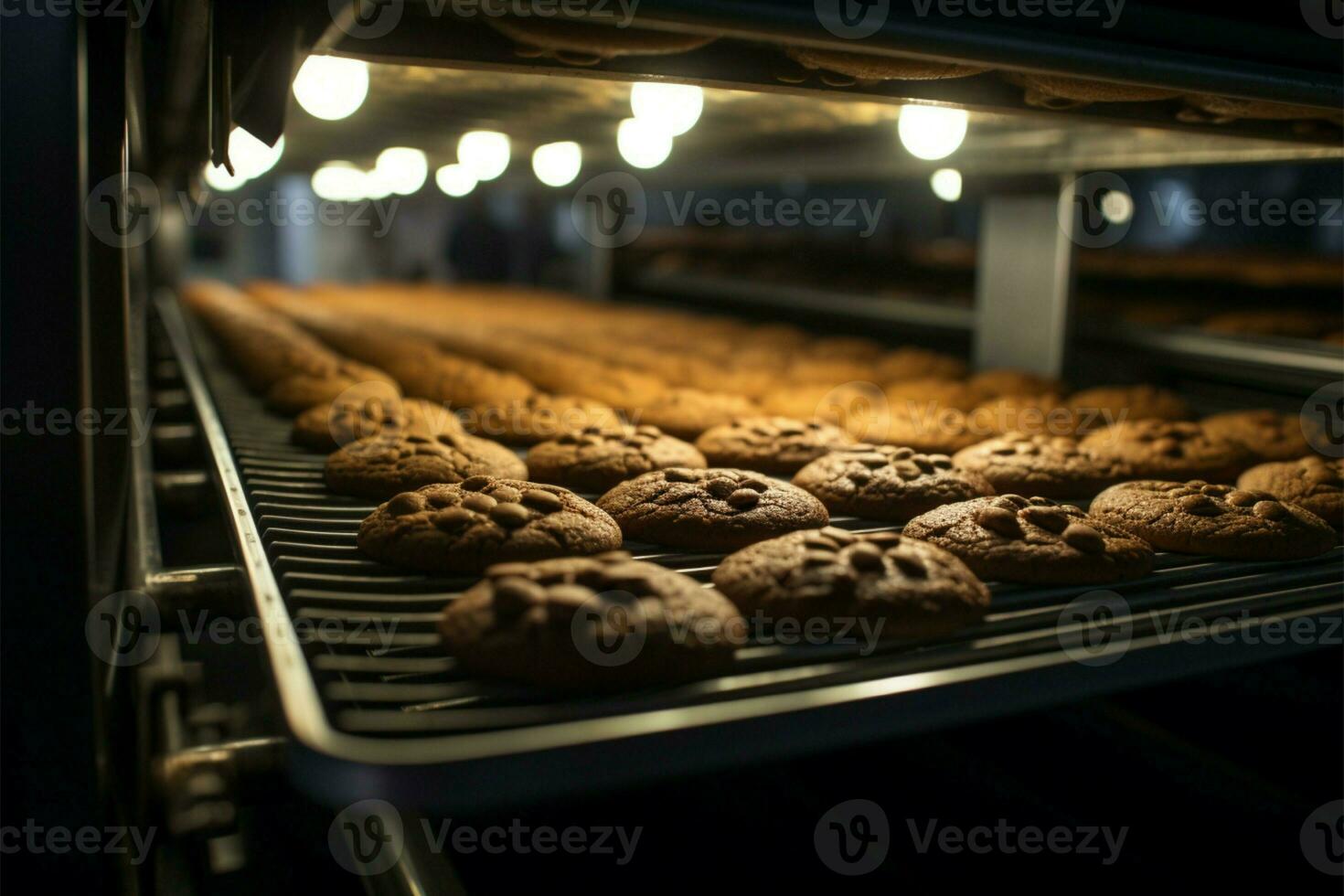 ai généré Chocolat biscuit usine ligne artisanat délicieux traite avec précision et l'eau à la bouche Efficacité photo
