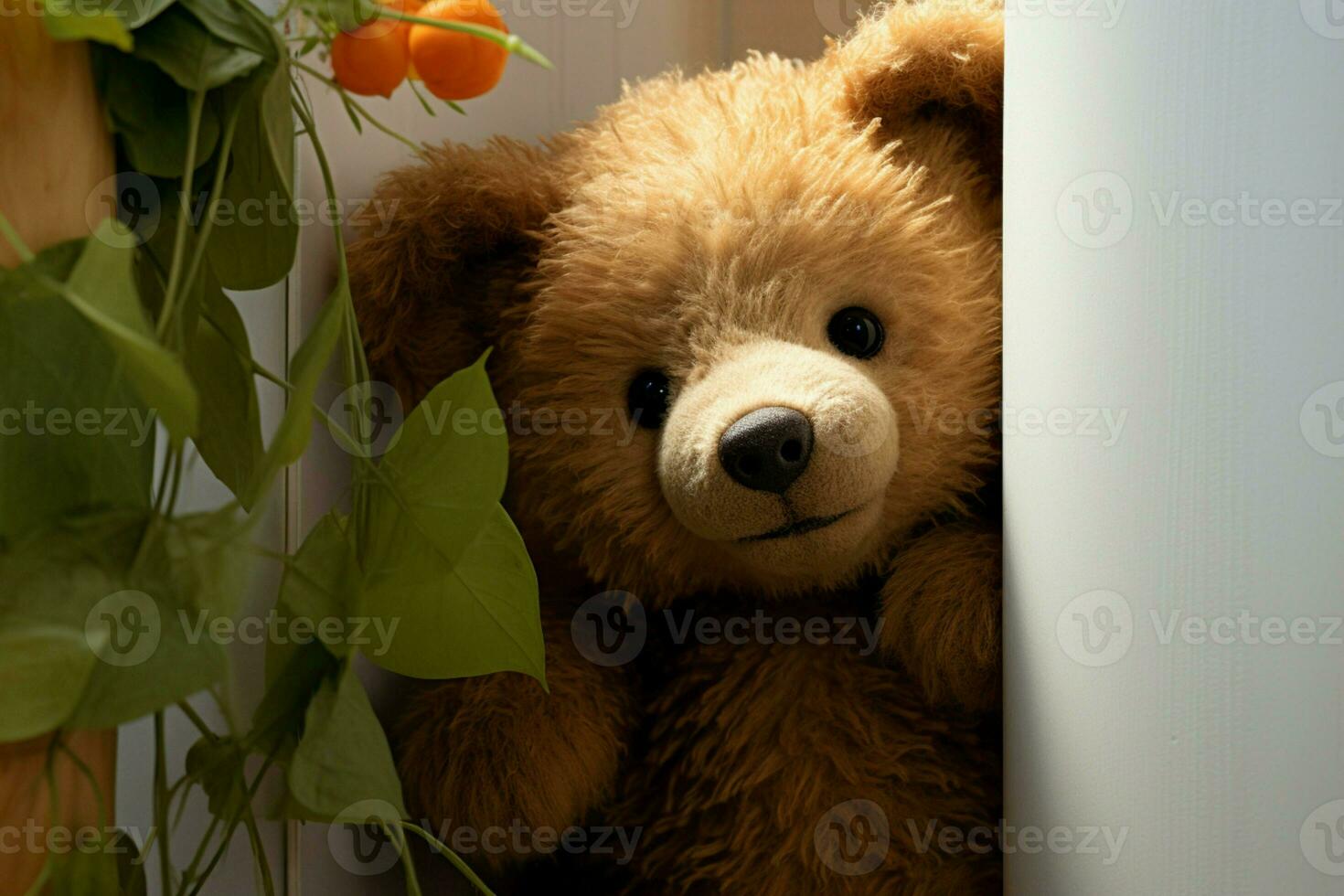 ai généré timide surprise mignonne marron nounours ours se faufile derrière porte, célébrer photo
