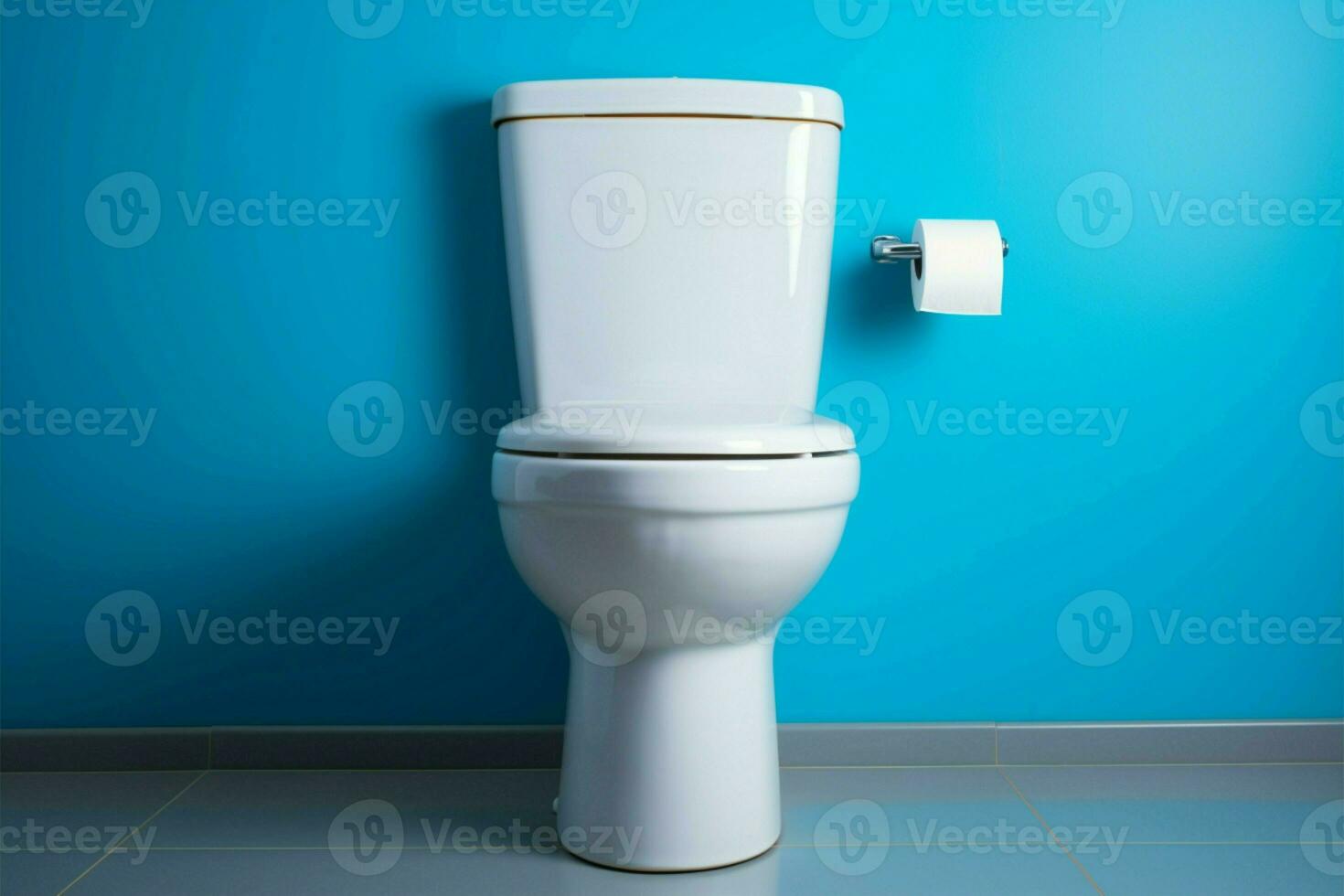 ai généré serein salle de bains réglage Caractéristiques une blanc céramique toilette ensemble contre une calmant bleu mur photo