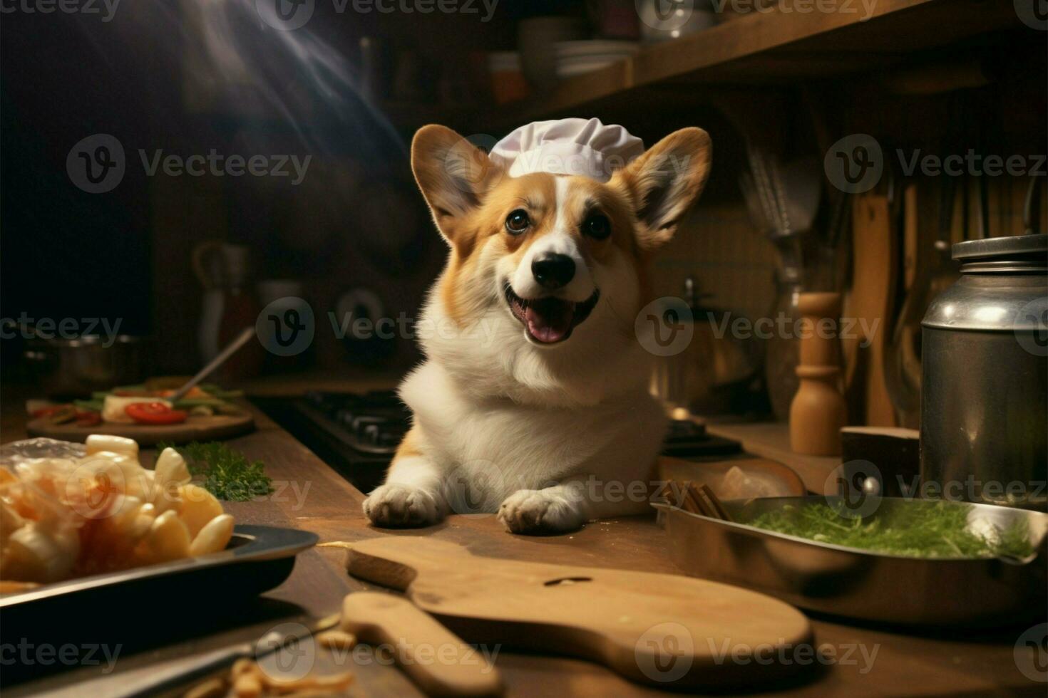 ai généré corgi chien chef habilement navigue le cuisine, apportant joie par culinaire les créations photo