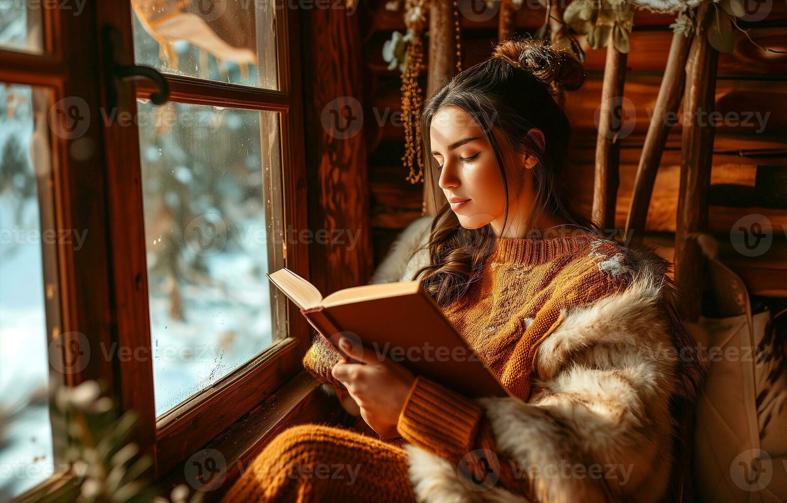 ai généré Jeune Latin Américain, aux cheveux noirs européen femme est en train de lire une livre dans une pièce décoré pour le hiver vacances. photoréaliste, Contexte avec bokeh effet. ai généré. photo