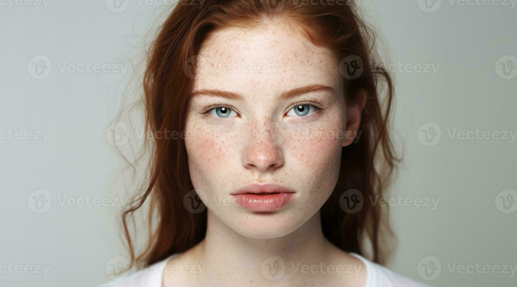 ai généré portrait de tondu calme caucasien Jeune femme visage avec taches de rousseur photo