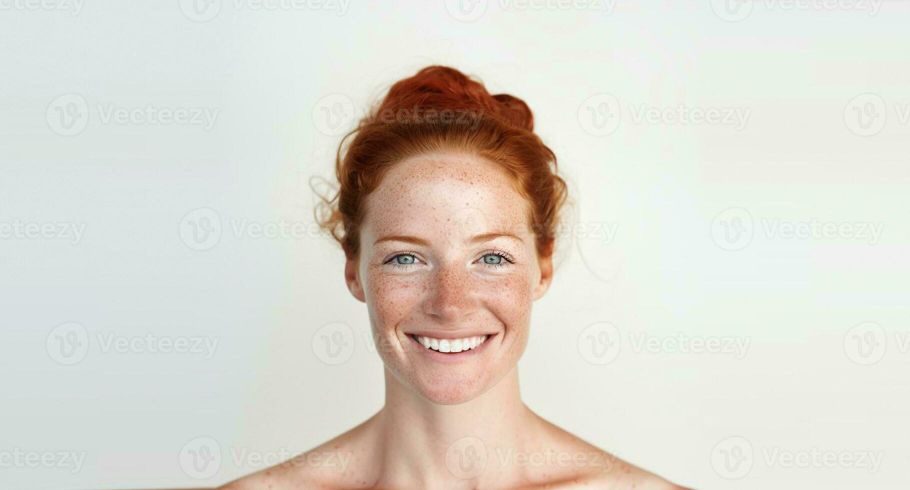 ai généré portrait de souriant caucasien Jeune femme visage avec taches de rousseur photo