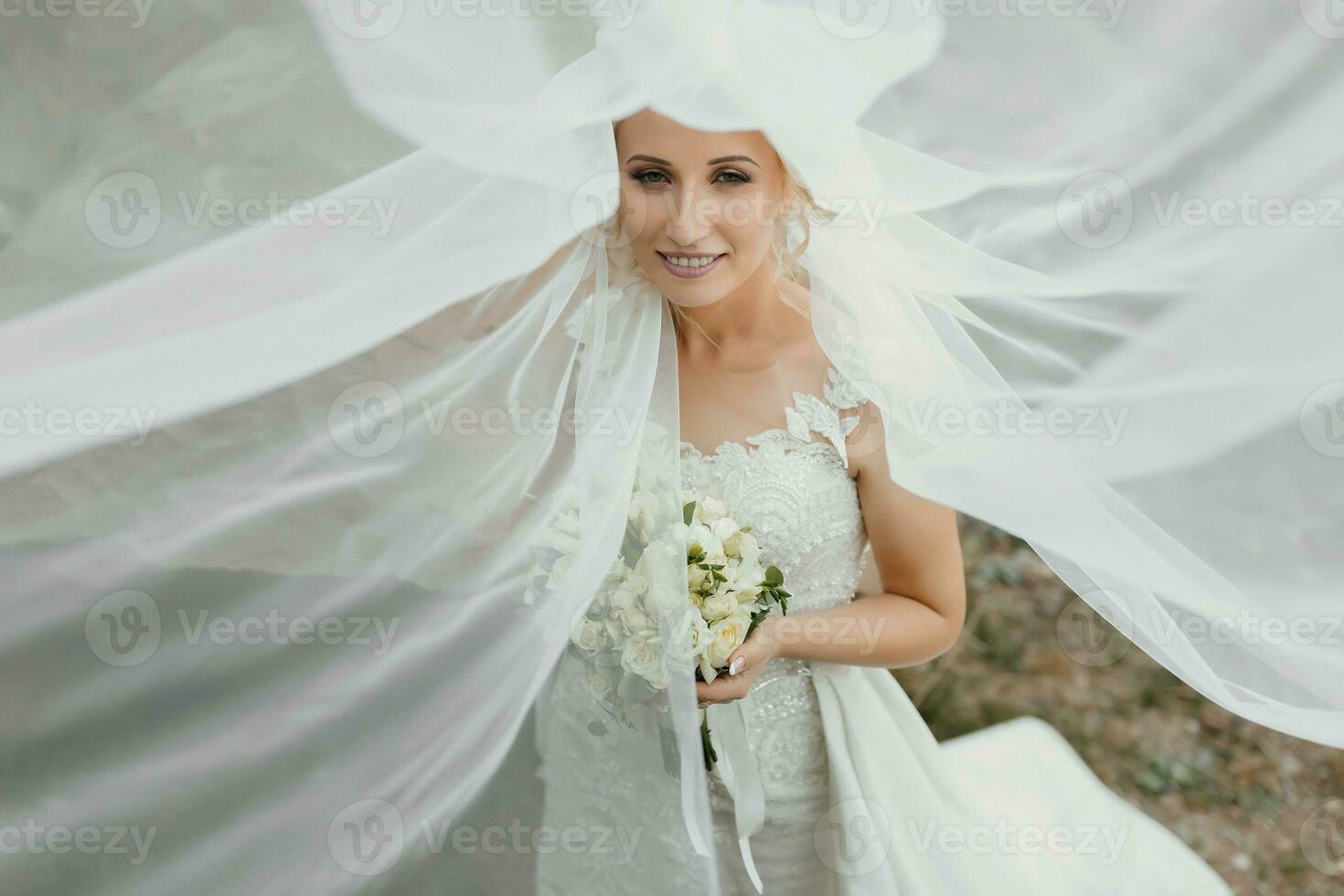 le la mariée est séance sur une Roche haute dans le montagnes suivant à une grand pierre. mariage robe. le la mariée en dessous de le voile photo