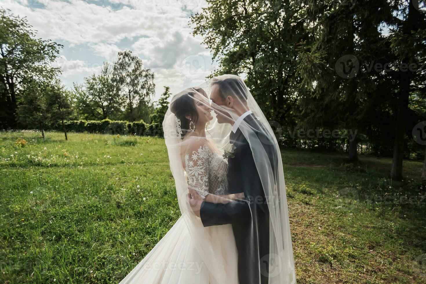 une aux cheveux bouclés brunette la mariée dans une blanc robe et une voilé jeune marié embrasse et baiser. portrait de le la mariée et jeune marié. magnifique maquillage et cheveux. mariage dans la nature photo