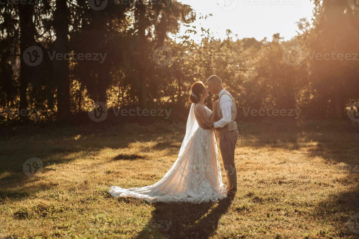 mariage photo. le la mariée et jeune marié sont permanent dans une magnifique forêt et magnifique lumière, étreindre et penché leur nez contre chaque autre. couple dans l'amour. élégant jeune marié photo