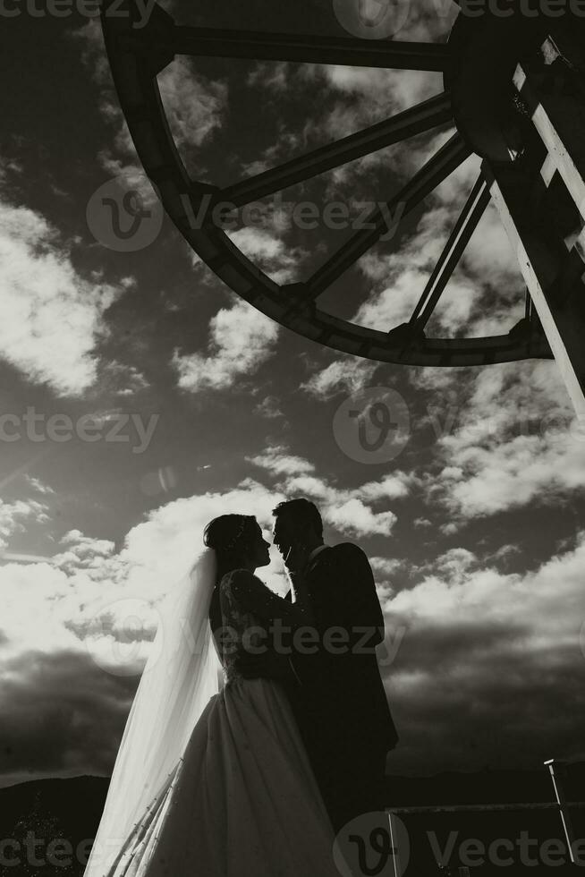 marié couple parmi montagnes, la mariée à la recherche à marié, étreindre, fille souriant, femme dans blanc mariage robe, jeune marié et marron costume, noir et blanc photo