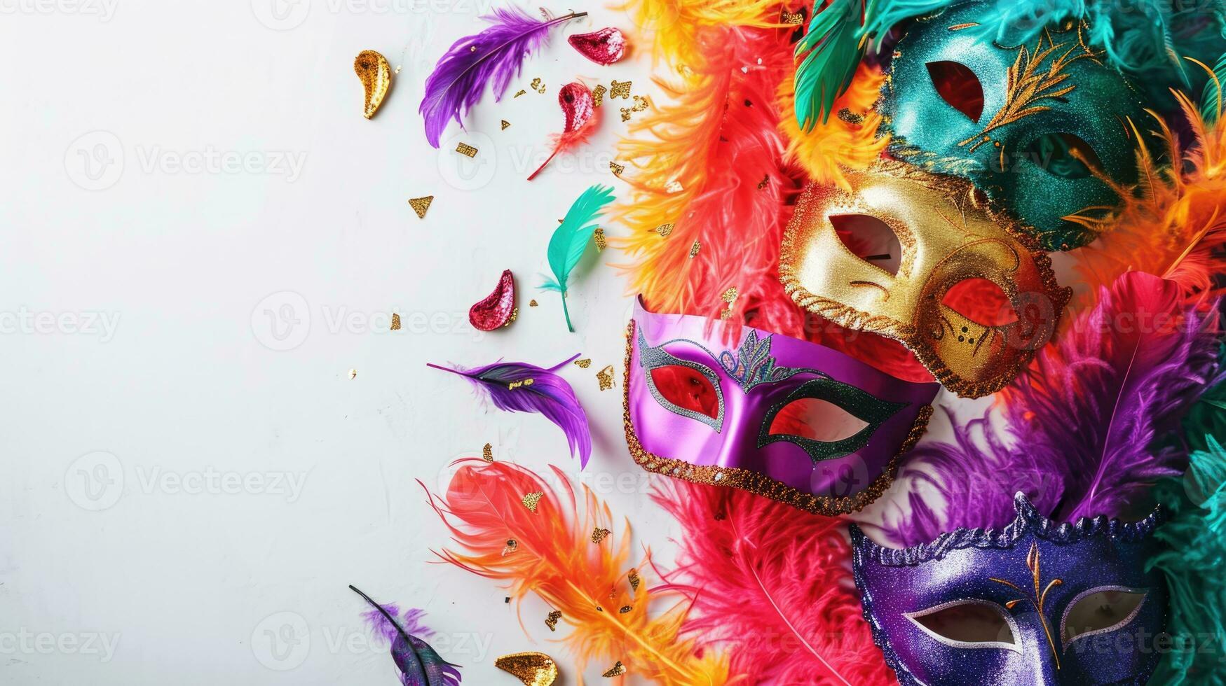 ai généré mardi gras carnaval coloré plumes et masques dans une de fête fête culturel extravagance, fleuri création une joyeux, de fête traditionnel apporter la vie à une fête, blanc Contexte photo