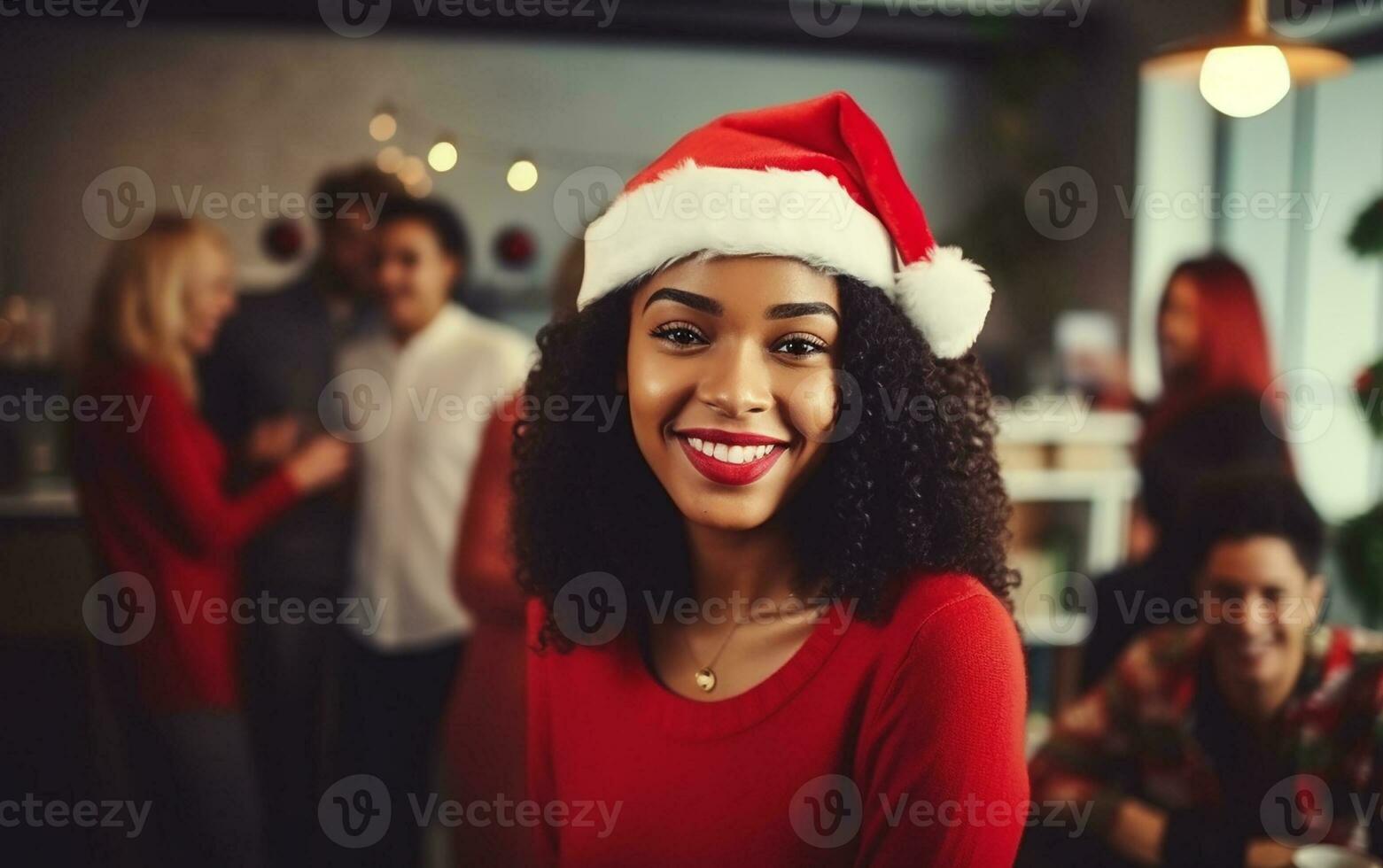 ai généré Noël concept bannière avec content souriant femme dans Père Noël chapeau à le Bureau fête photo