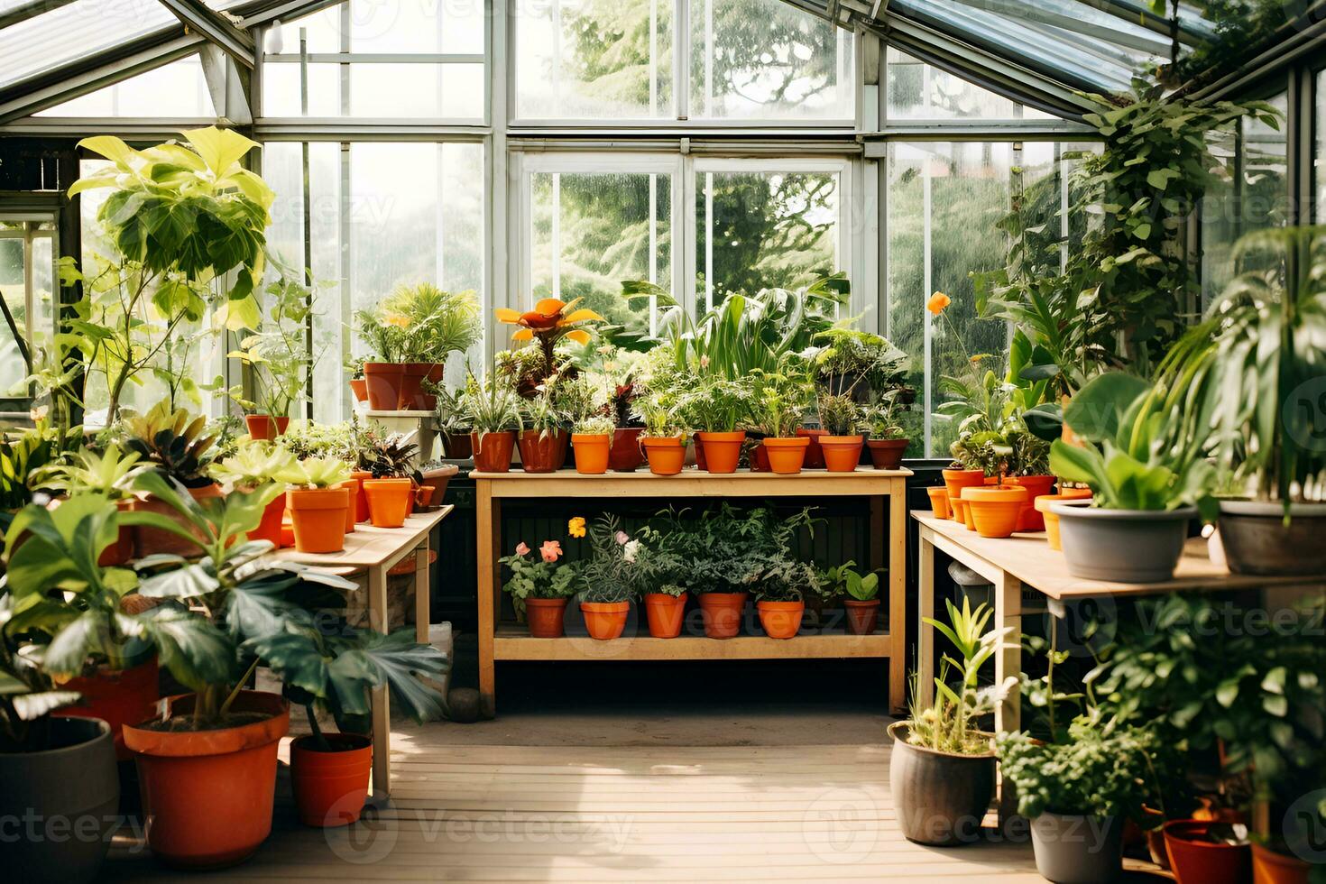 ai généré serre avec transparent des murs, nombreux mis en pot floraison les plantes dans céramique marmites, intérieur oasis jardinage et verdure en toute transparence photo
