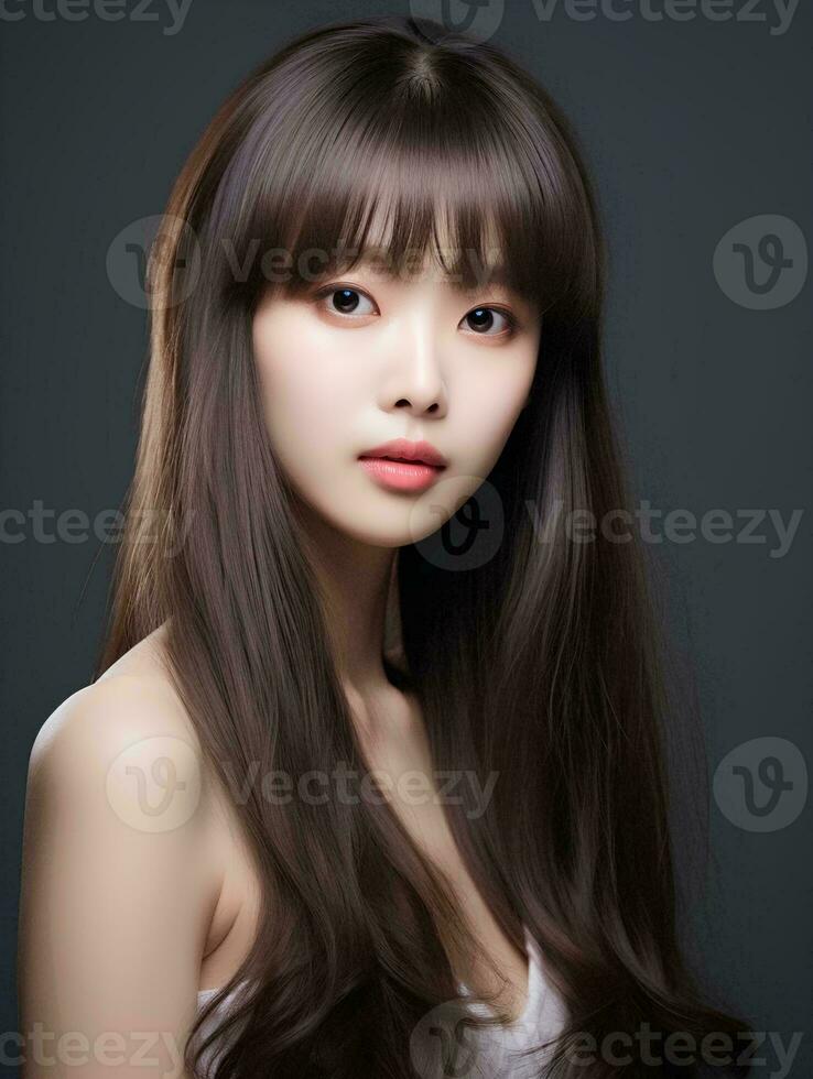 ai généré portrait de magnifique Jeune coréen femme avec longue tout droit cheveux avec doux frange, ai génératif photo