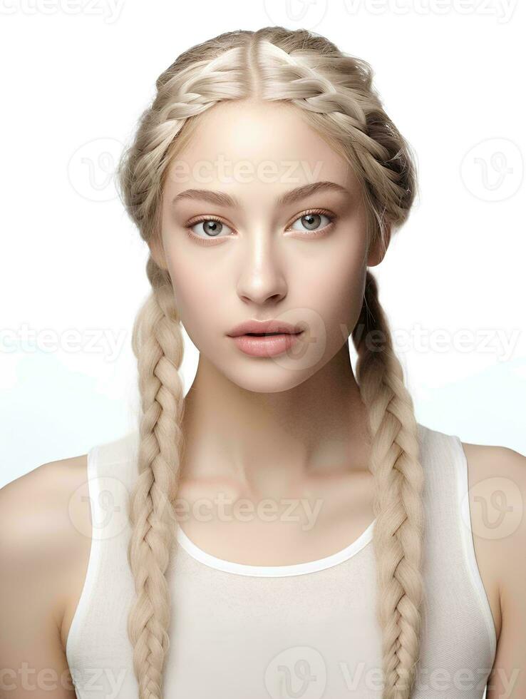 ai généré portrait de magnifique Jeune femme avec longue tressé blond cheveux, isolé blanc arrière-plan, ai génératif photo