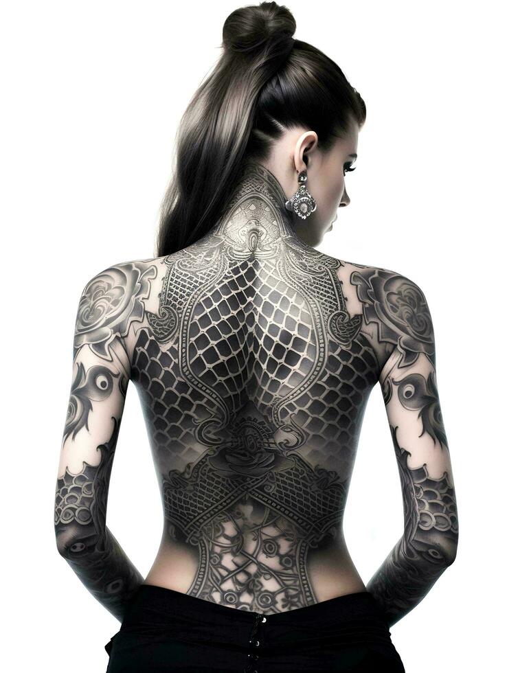 ai généré une magnifique femme habillé dans maigre vêtements, mince noir tatouages serpentant tout plus de sa corps, photo pris de le dos, studio photo, isolé blanc arrière-plan, ai génératif